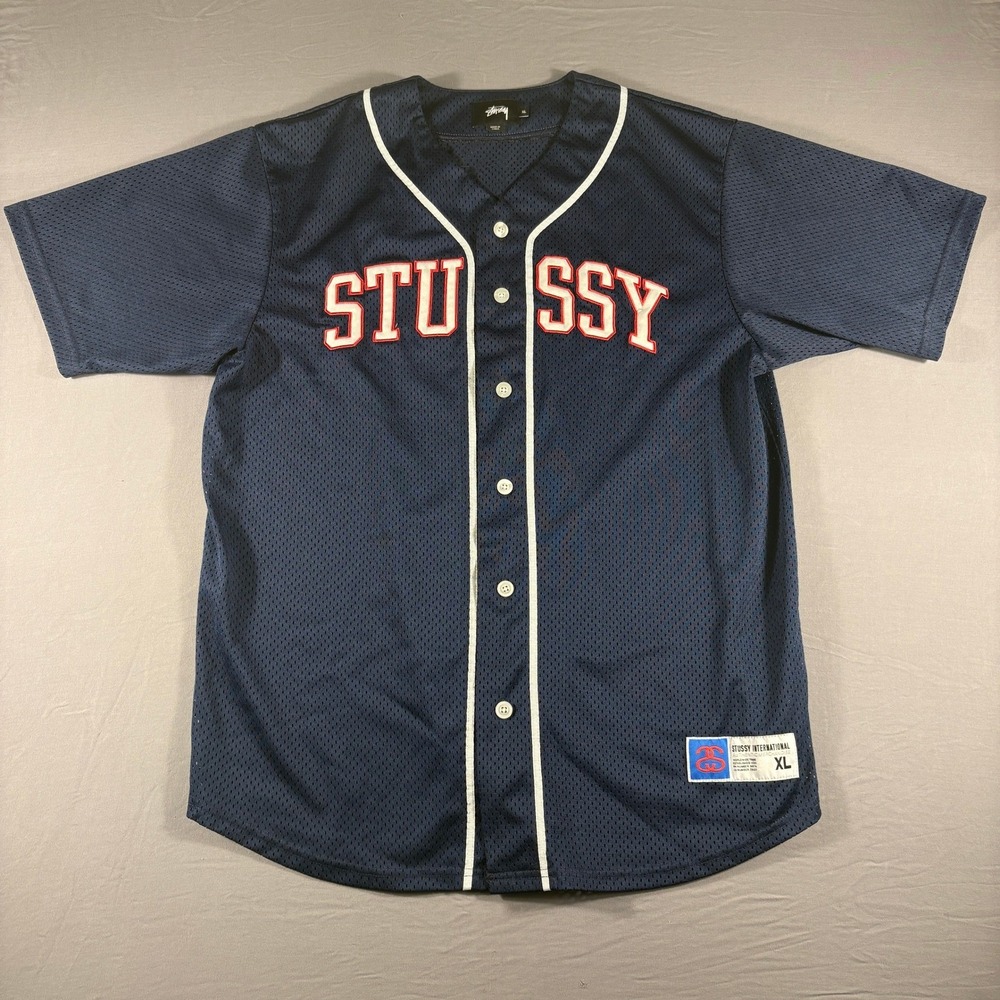 Stussy Navy Blue Mesh Baseball Jersey Mens XL Red White Logo Streetwear